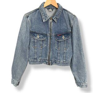 Vintage Jean Jacket Cropped Women Medium‎ Wash Zipper Front Trucker Cotton Denim